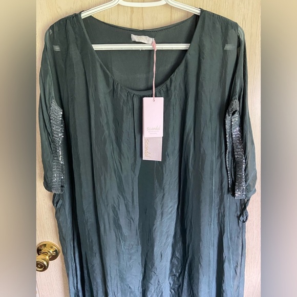 SCANDAL Italy Long Kaftan Silk Blend Dress Sequin Accents Read - Picture 2 of 14